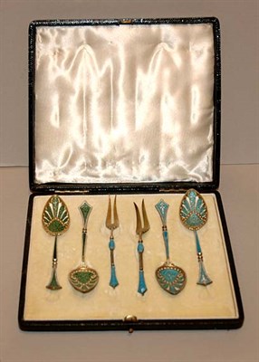 Lot 3258 - Set of Enameled Silver Flatware Articles...