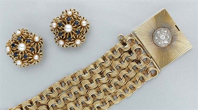 Lot 26 - Four Strand Gold and Diamond Bracelet and Pair of Cultured Pearl and Sapphire Flower Earclips