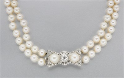 Lot 307 - Double Strand Cultured Pearl and Diamond Necklace with Cultured Pearl and Diamond Clasp