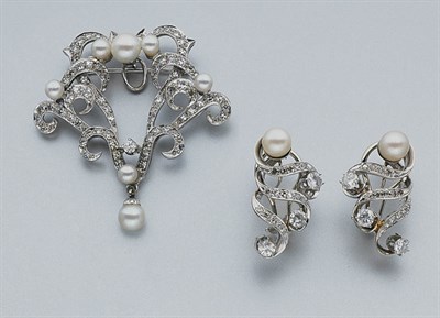 Lot 51 - Cultured Pearl and Diamond Brooch and Pair of Earrings