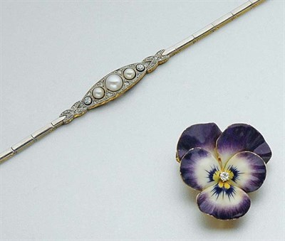 Lot 5 - Antique Enamel and Diamond Pansy Pendant-Brooch and Pearl and Diamond Bracelet