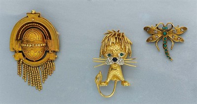 Lot 87 - Etruscan Revival Gold Pendant-Brooch and Two Gem-Set Brooches