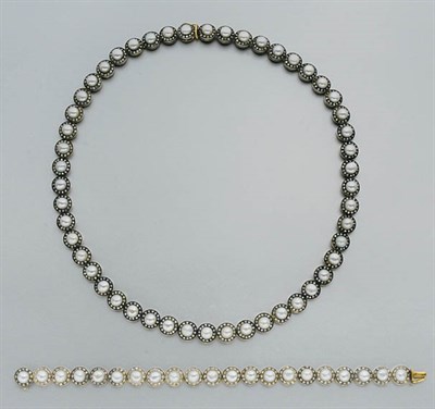 Lot 90 - Button Pearl and Diamond Necklace and Bracelet