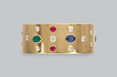 Lot 172 - Gold, Diamond, Ruby, Sapphire and Emerald Cuff Bangle