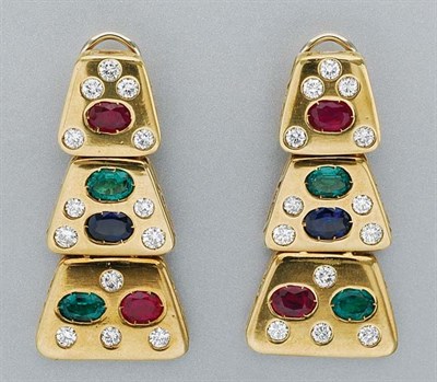 Lot 174 - Pair of Gold, Ruby, Sapphire, Emerald and Diamond Pendant-Earclips