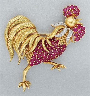 Lot 168 - Gold, Ruby and Diamond Rooster Brooch