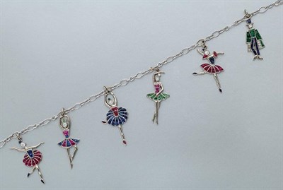 Lot 130 - White Gold, Gem-Set and Diamond Ballerina Charm Bracelet