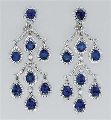 Lot 201 - Pair of Sapphire and Diamond Pendant-Earrings