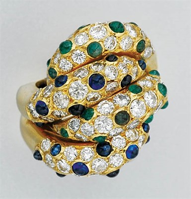 Lot 212 - Gold, Diamond, Cabochon Sapphire and Emerald Bombe Crossover Ring