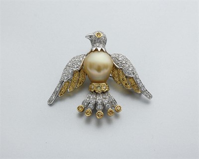 Lot 53 - Golden Cultured Pearl, Diamond and Yellow Diamond  Eagle Brooch
