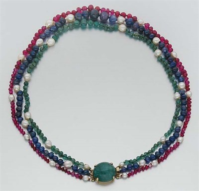 Lot 383 - Emerald, Ruby and Sapphire Bead and Semi-Baroque Cultured Pearl Necklace