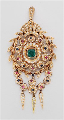 Lot 367 - Antique Gold, Emerald, Diamond and Gem-Set Pendant Brooch