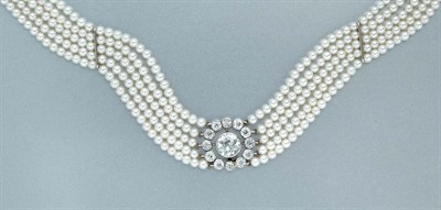 Lot 240 - Five Strand Seed Pearl and Diamond Choker Necklace