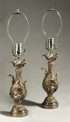 Lot 3399 - Pair of Rococo Style Silver Plated Lamps Each...
