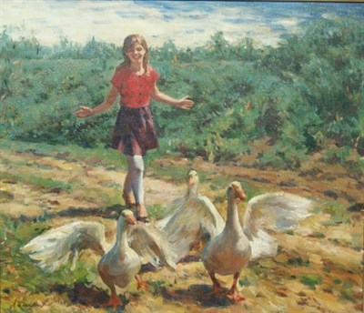 Lot 4055 - Oleg Lomakin Russian, b. 1924 Girl on a...