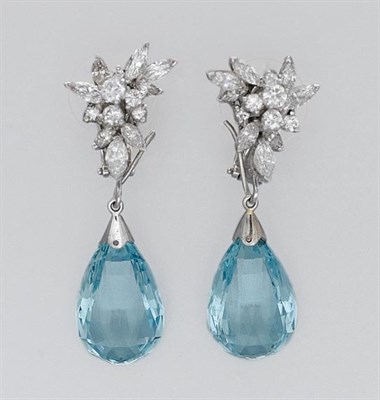 Lot 242 - Pair of Diamond and Aquamarine Briolette Pendant-Earrings