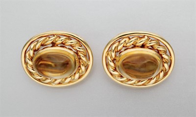 Lot 292 - Pair of Gold and Cabochon Citrine Earclips