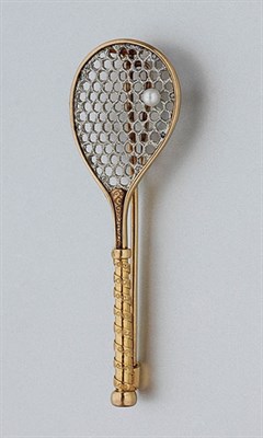 Lot 374 - Gold, Platinum and Pearl Tennis Racquet Clip-Brooch
