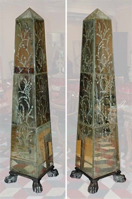 Lot 211 - Pair of Etched Mirror Clad Obelisks Height 6...