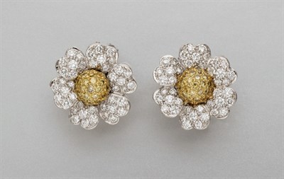 Lot 269 - Pair of Yellow Diamond and Diamond Flower Earrings