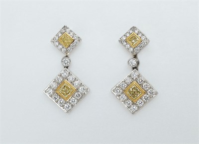 Lot 345 - Pair of Yellow Diamond and Diamond Pendant-Earrings