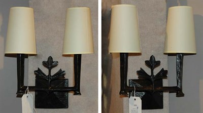 Lot 4195 - Pair of Cast Iron Two-light Sconces with White...
