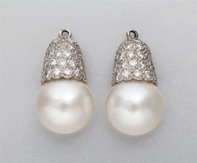 Lot 159 - Pair of Cultured Pearl and Diamond Pendants