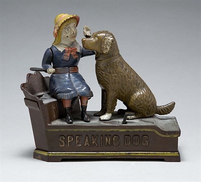Lot 2135 - Painted Cast Iron Speaking Dog Mechanical Bank...