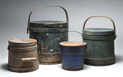 Lot 2066 - Four Painted Wood Covered Firkins Comprising...