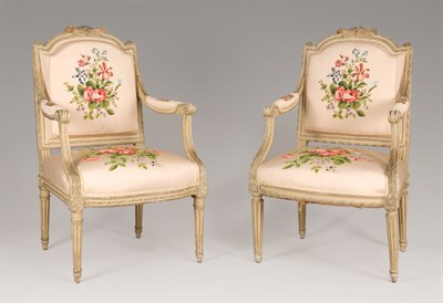 Lot 1437 - Pair of Louis XVI Gray Painted Fauteuils Late...