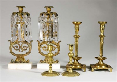 Lot 2100 - Two Pairs of Brass Candlesticks One probably...