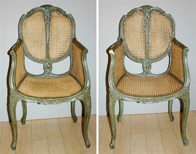 Lot 4509A - Pair of Louis XV Style Green Painted and Caned...
