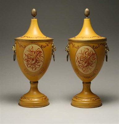 Lot 4437 - Pair of Neoclassical Style Yellow Tole Painted...