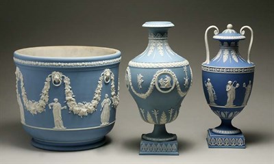 Lot 4354 - Three Wedgwood Blue Jasper Table Articles...