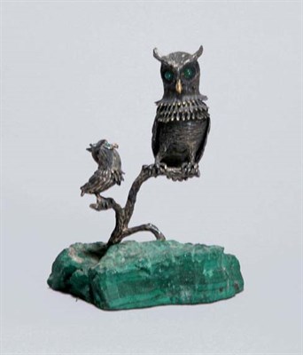 Lot 4711 - Italian Silver Owl Figure on a Malachite Base...