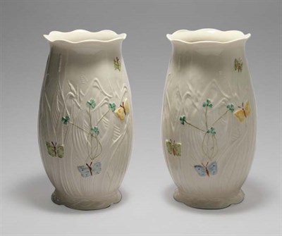 Lot 4722 - Pair of Belleek Porcelain Vases Height 10 inches.