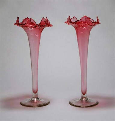 Lot 4739 - Pair of Cranberry Glass Vases Height 12 inches.