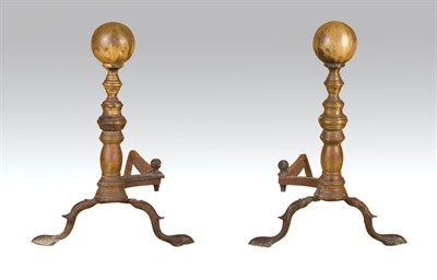 Lot 2051 - Pair of Brass Knopped Andirons Height 18 inches.