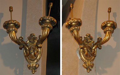 Lot 4194 - Pair of Baroque Style Gilt-Wood Two-Light...