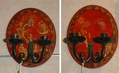 Lot 4413 - Pair of Chinoiserie Decorated Red Lacquered...
