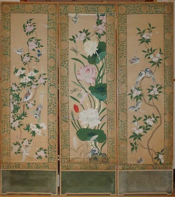 Lot 221A - Chinoiserie Decorated Paper Three-Panel Screen...