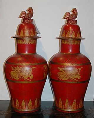Lot 554 - Pair of Asian Gilt Decorated Red Pottery...