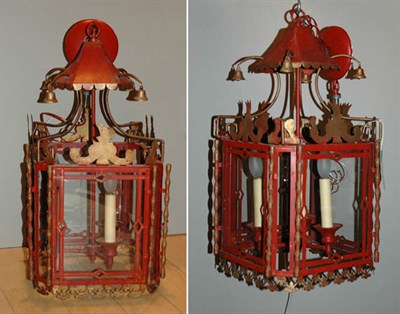 Lot 452 - Pair of Tole Three-Light Hall Lanterns