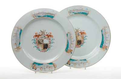 Lot 1297 - Two Chinese Export Armorial Porcelain Chargers...