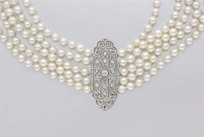 Lot 167 - Five Strand Cultured Pearl and Diamond Necklace