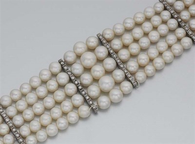 Lot 286 - Five Strand Cultured Pearl and Diamond Bracelet