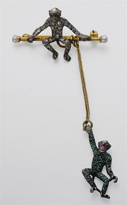 Lot 169 - Antique Silver, Gold, Diamond, Emerald, Ruby and Pearl Monkey Bar Brooch
