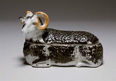 Lot 1545 - Continental Glazed Porcelain Ram-Form Box 19th...