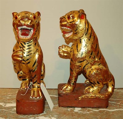 Lot 4212 - Pair of Gilt Painted Wood Tigers Height 16 1/2...