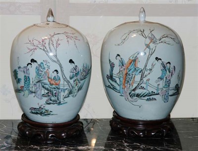Lot 4227 - Pair of Asian Porcelain Covered Jars On carved...